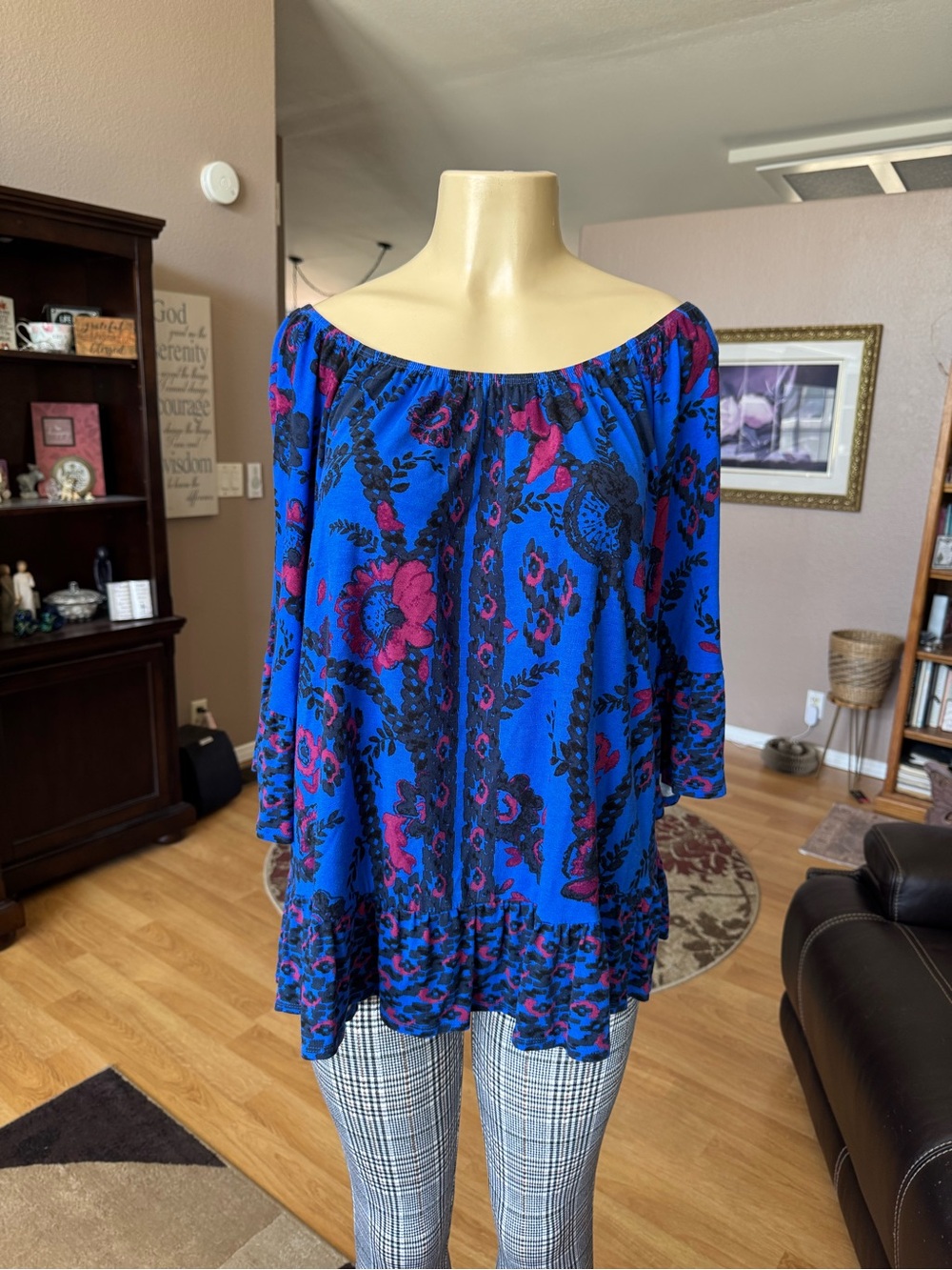Style & Co off-shoulder blue floral peasant blouse-size 2X - Picture 5 of 9